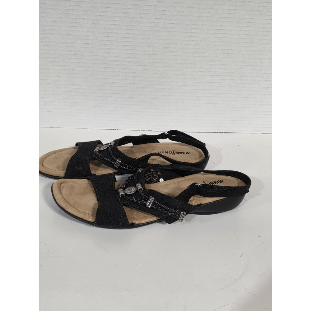 Minnetonka Sandal Shoes Black Fabric Adjustable Sz 9 Wide Womens embellishments